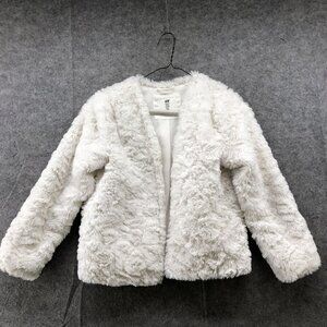 H&M Girls Size 8-10 White Faux Fur Jacket Soft Fuzzy Formal One Button Closure